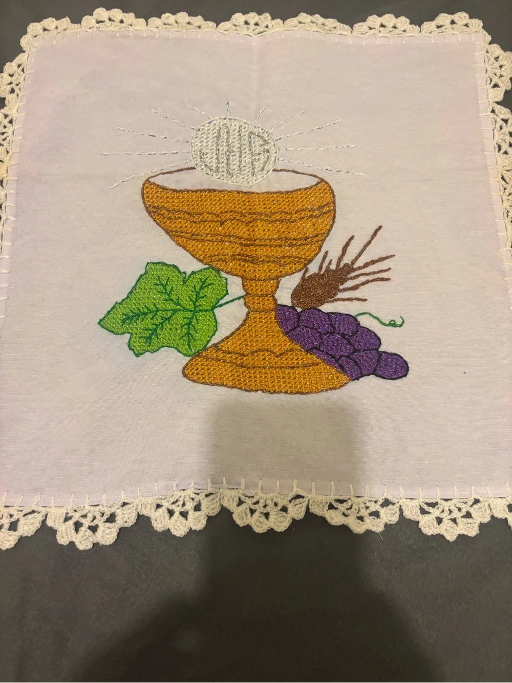 Embroidered Chalice Accent Linen in Gold, Purple and Green